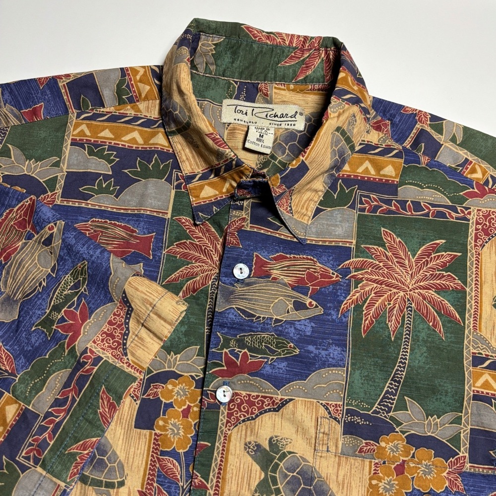 Tori Richard Tropical Hawaiian  Mens M Sea Turtle Fish Print Cotton Lawn Shirt